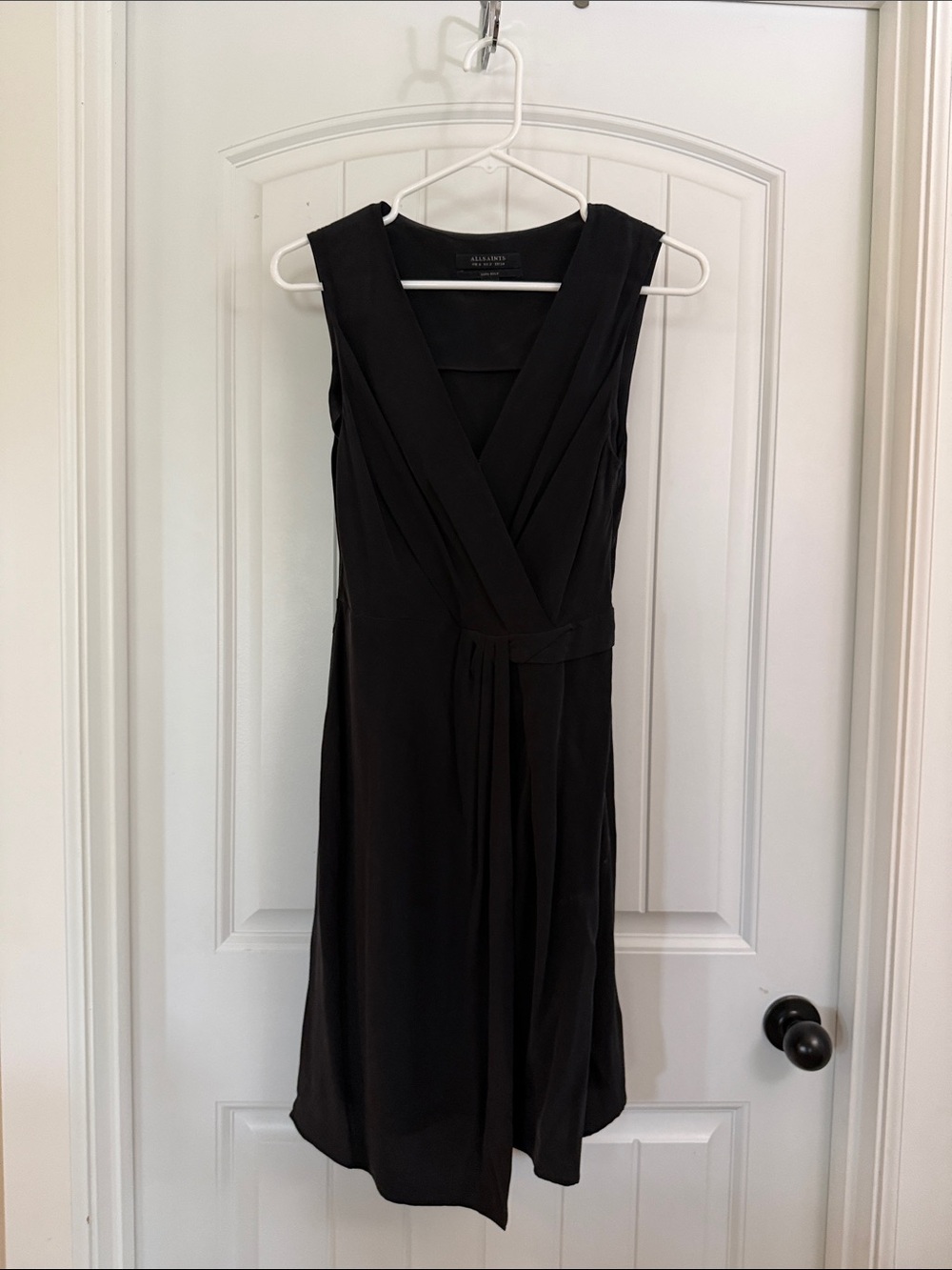 All Saints 100% Silk Black Sleeveless Wrap-Style Midi Dress